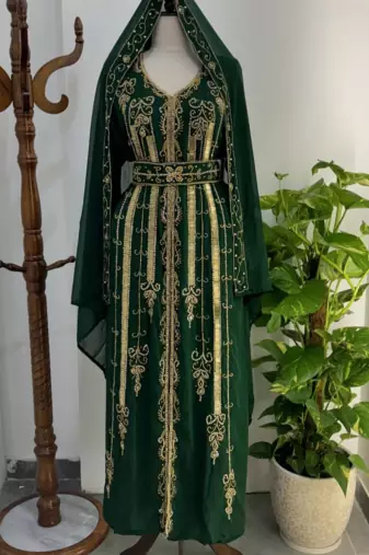Green Embroidered Stitched Kaftan with Golden Thread Work and Belt