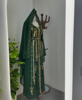 Green Embroidered Stitched Kaftan with Golden Thread Work and Belt 2