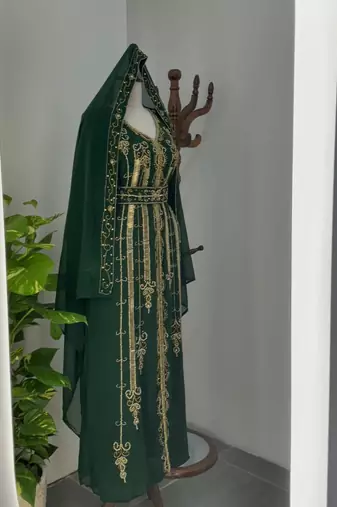 Green Embroidered Stitched Kaftan with Golden Thread Work and Belt