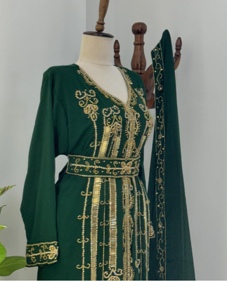 Green Embroidered Stitched Kaftan with Golden Thread Work and Belt 3