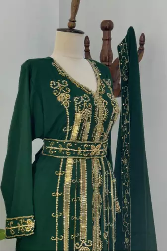 Green Embroidered Stitched Kaftan with Golden Thread Work and Belt