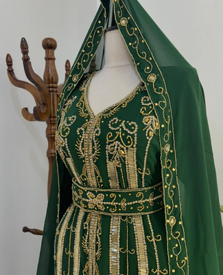 Green Embroidered Stitched Kaftan with Golden Thread Work and Belt 4