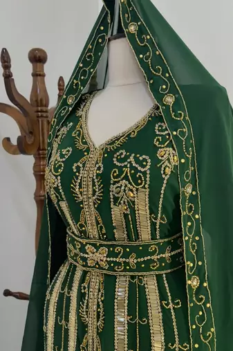 Green Embroidered Stitched Kaftan with Golden Thread Work and Belt