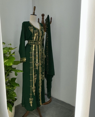 Green Embroidered Stitched Kaftan with Golden Thread Work and Belt 5