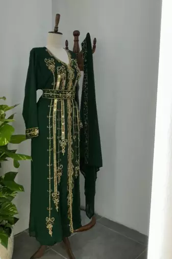 Green Embroidered Stitched Kaftan with Golden Thread Work and Belt