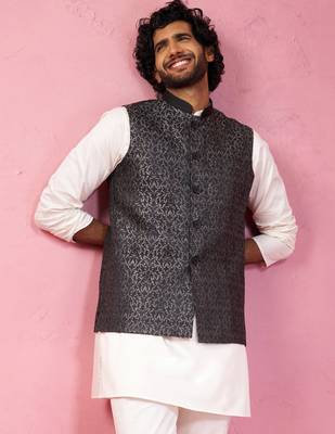 grey imported suiting nehru jacket - wedding jacquard ethnic wear 1