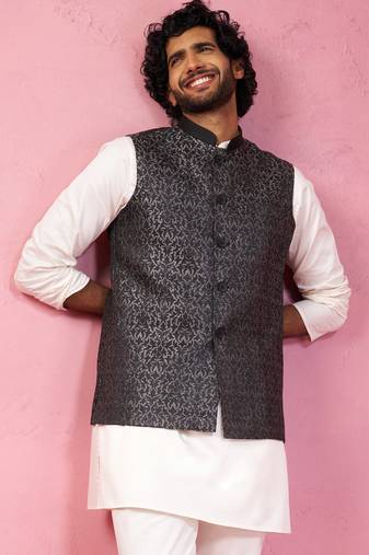 grey imported suiting nehru jacket - wedding jacquard ethnic wear