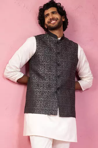 grey imported suiting nehru jacket - wedding jacquard ethnic wear
