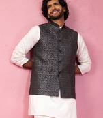 grey imported suiting nehru jacket - wedding jacquard ethnic wear