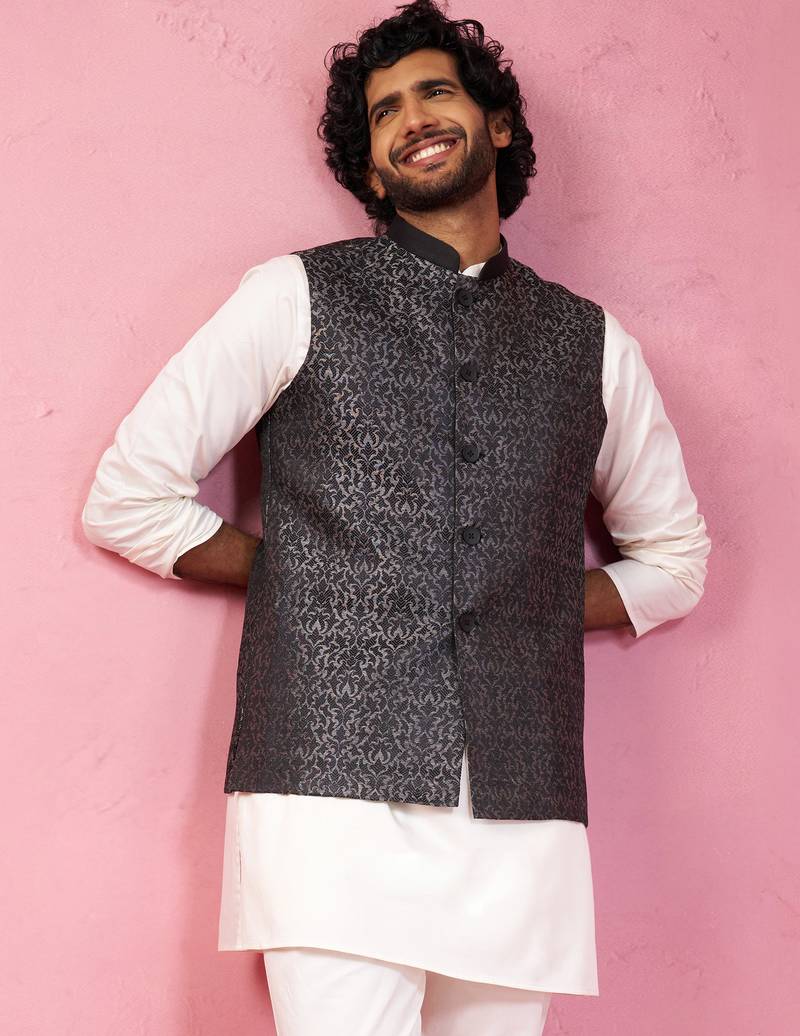 grey imported suiting nehru jacket - wedding jacquard ethnic wear