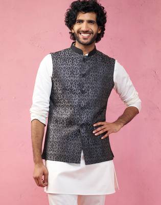 grey imported suiting nehru jacket - wedding jacquard ethnic wear 2