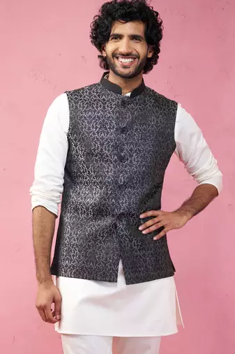 grey imported suiting nehru jacket - wedding jacquard ethnic wear