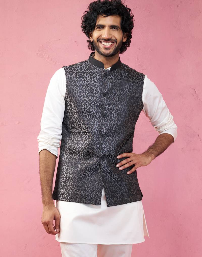 grey imported suiting nehru jacket - wedding jacquard ethnic wear