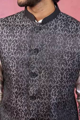 grey imported suiting nehru jacket - wedding jacquard ethnic wear