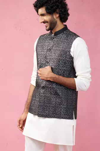grey imported suiting nehru jacket - wedding jacquard ethnic wear
