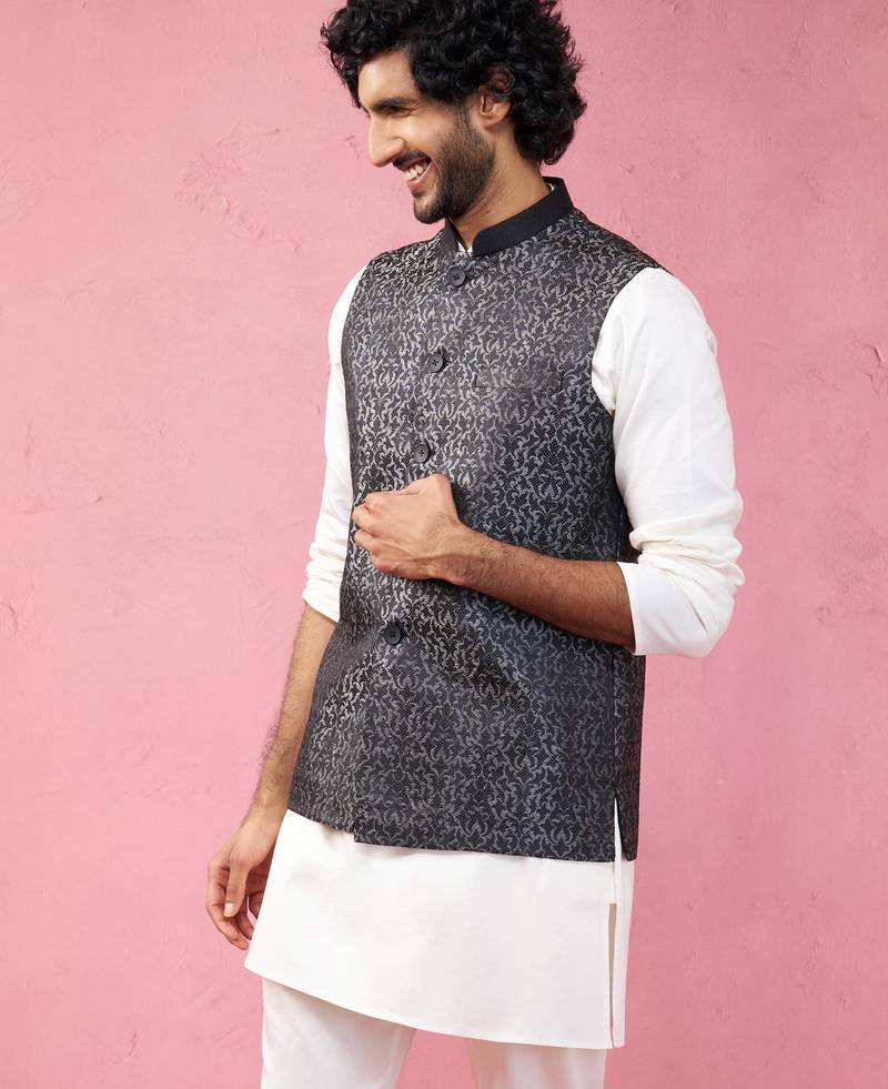 grey imported suiting nehru jacket - wedding jacquard ethnic wear