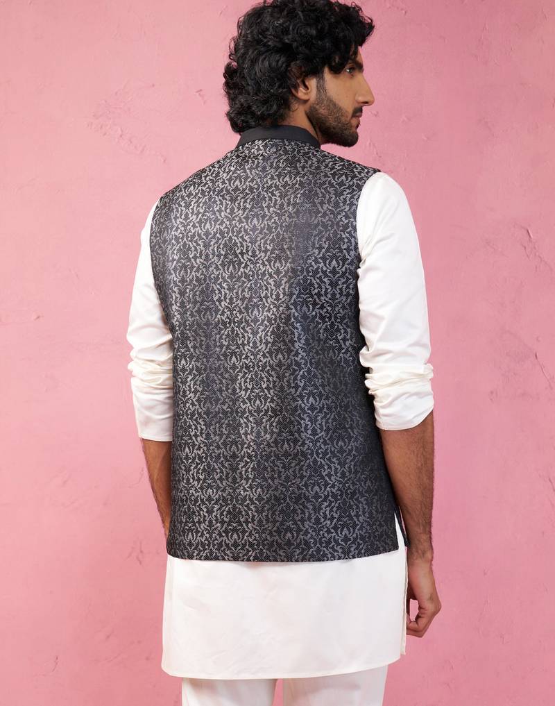 grey imported suiting nehru jacket - wedding jacquard ethnic wear
