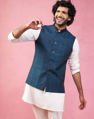 turquoise imported suiting nehru jacket - wedding jacquard ethnic wear 1