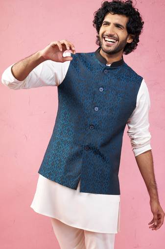 turquoise imported suiting nehru jacket - wedding jacquard ethnic wear