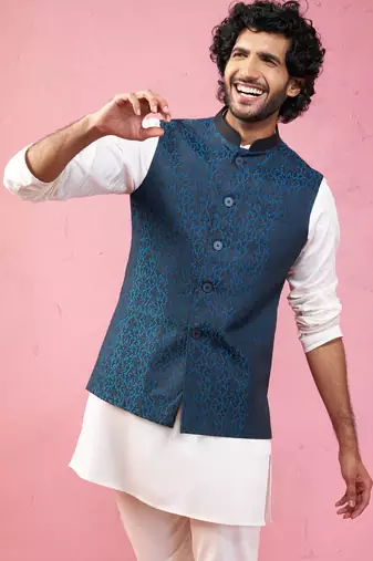 turquoise imported suiting nehru jacket - wedding jacquard ethnic wear