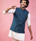 turquoise imported suiting nehru jacket - wedding jacquard ethnic wear