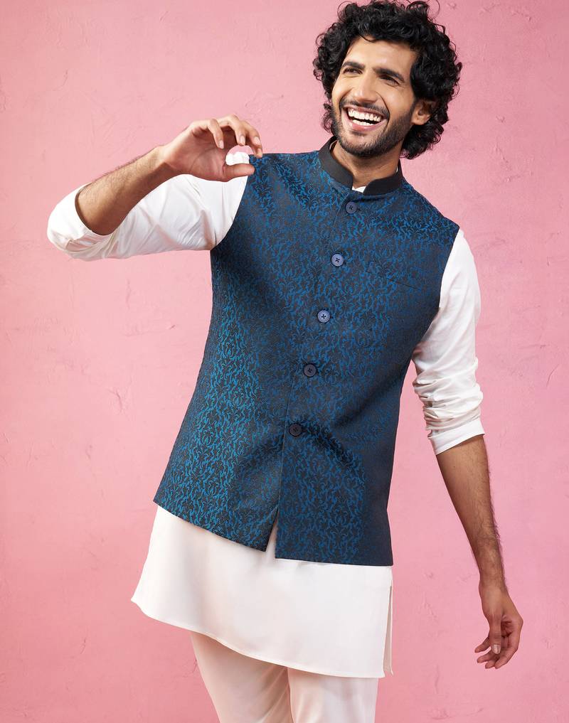 turquoise imported suiting nehru jacket - wedding jacquard ethnic wear