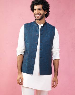 turquoise imported suiting nehru jacket - wedding jacquard ethnic wear 2