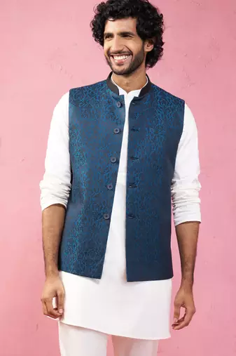 turquoise imported suiting nehru jacket - wedding jacquard ethnic wear
