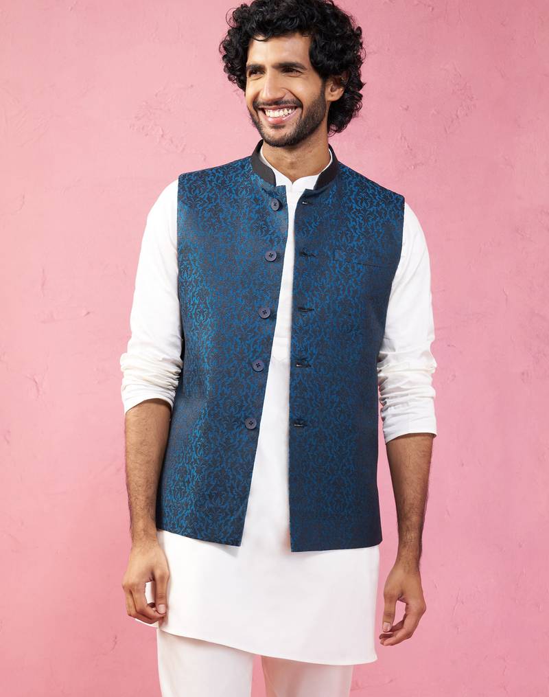 turquoise imported suiting nehru jacket - wedding jacquard ethnic wear