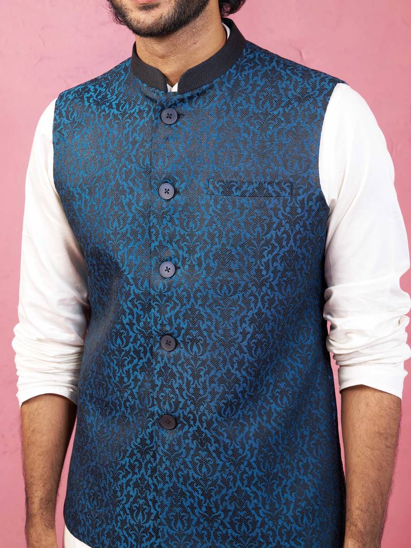 turquoise imported suiting nehru jacket - wedding jacquard ethnic wear