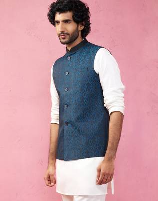 turquoise imported suiting nehru jacket - wedding jacquard ethnic wear 4