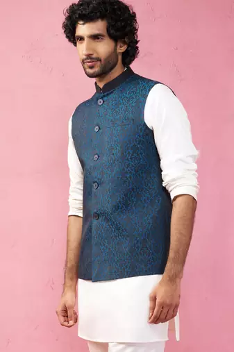 turquoise imported suiting nehru jacket - wedding jacquard ethnic wear
