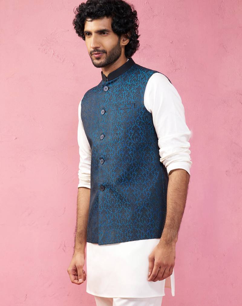 turquoise imported suiting nehru jacket - wedding jacquard ethnic wear