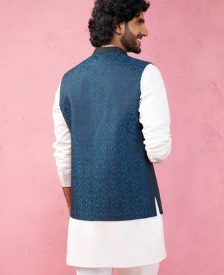 turquoise imported suiting nehru jacket - wedding jacquard ethnic wear 5