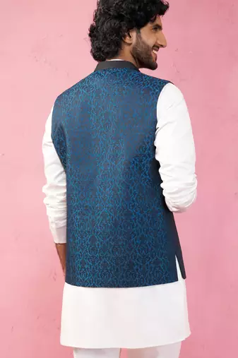 turquoise imported suiting nehru jacket - wedding jacquard ethnic wear