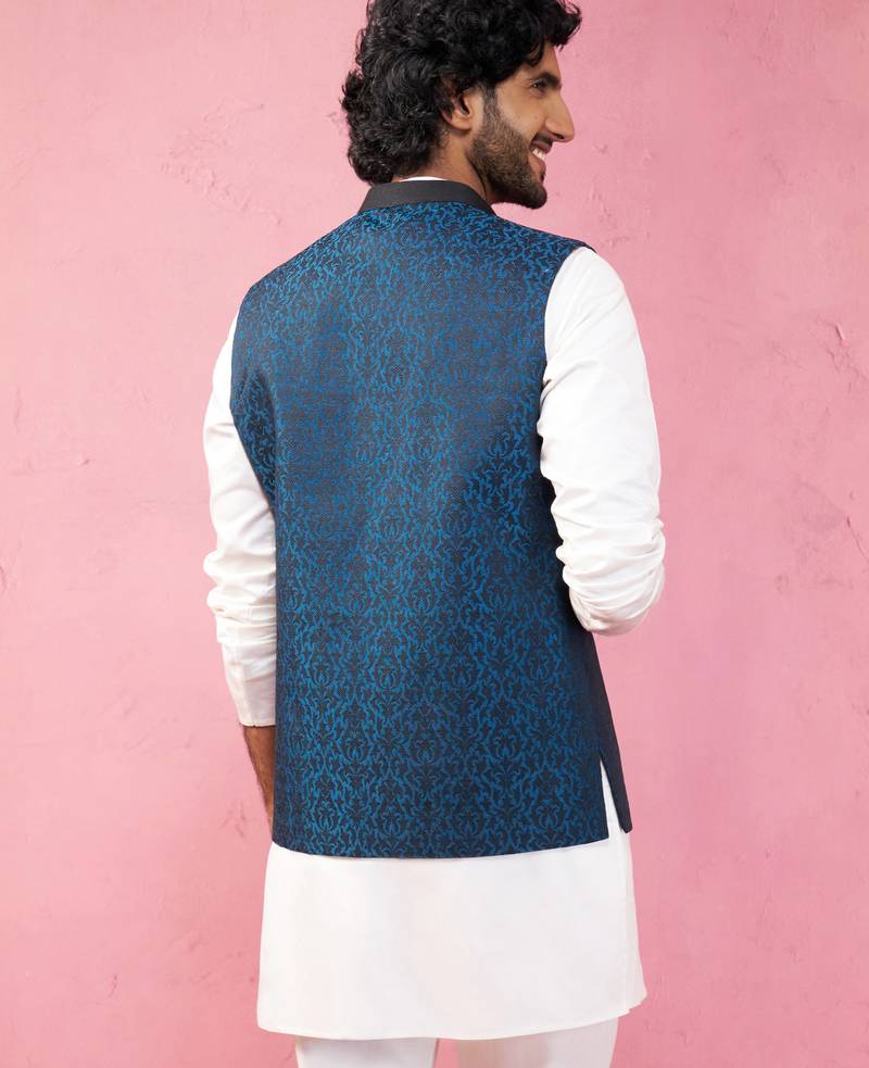 turquoise imported suiting nehru jacket - wedding jacquard ethnic wear