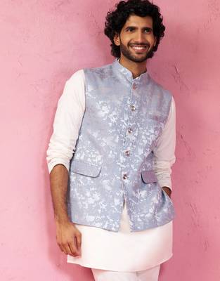 grey monty jacquard nehru jacket - wedding abstract pattern ethnic wear 1