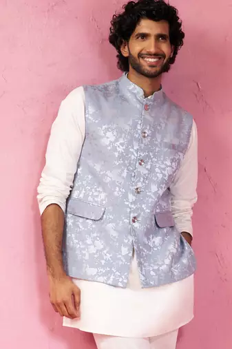 grey monty jacquard nehru jacket - wedding abstract pattern ethnic wear