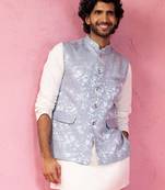 grey monty jacquard nehru jacket - wedding abstract pattern ethnic wear