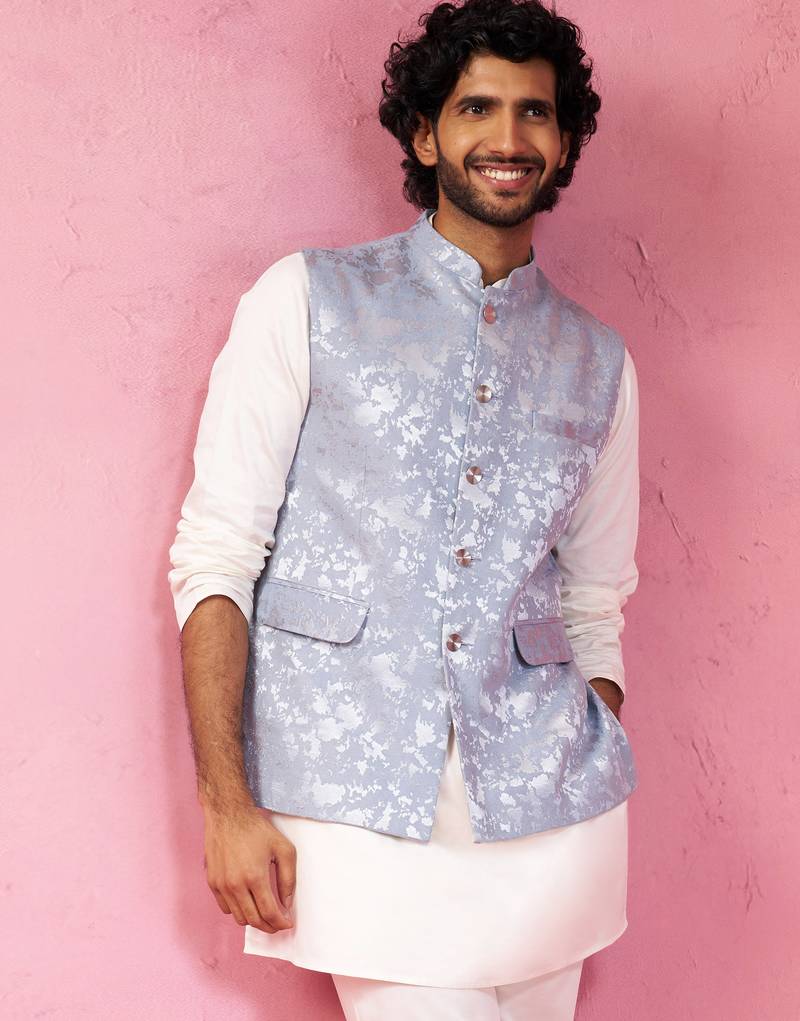 grey monty jacquard nehru jacket - wedding abstract pattern ethnic wear