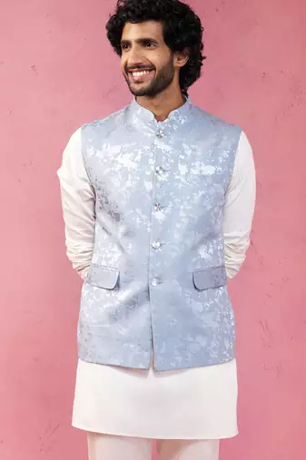 grey monty jacquard nehru jacket - wedding abstract pattern ethnic wear