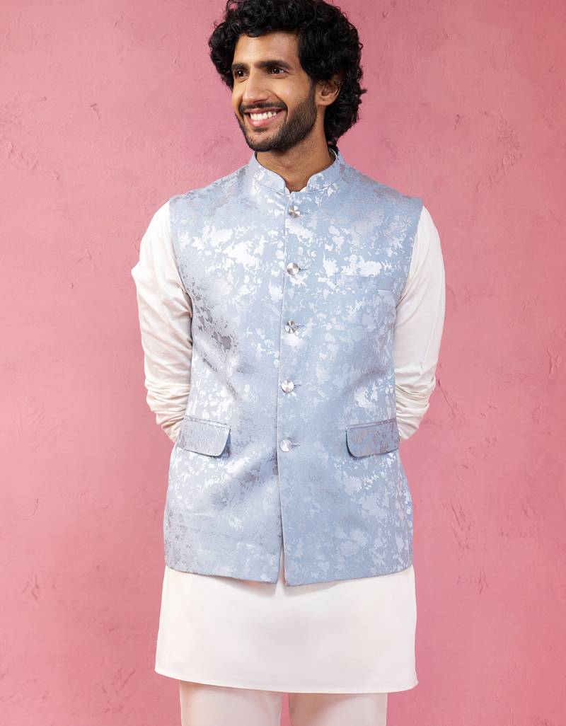 grey monty jacquard nehru jacket - wedding abstract pattern ethnic wear