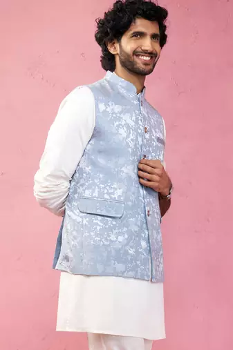 grey monty jacquard nehru jacket - wedding abstract pattern ethnic wear