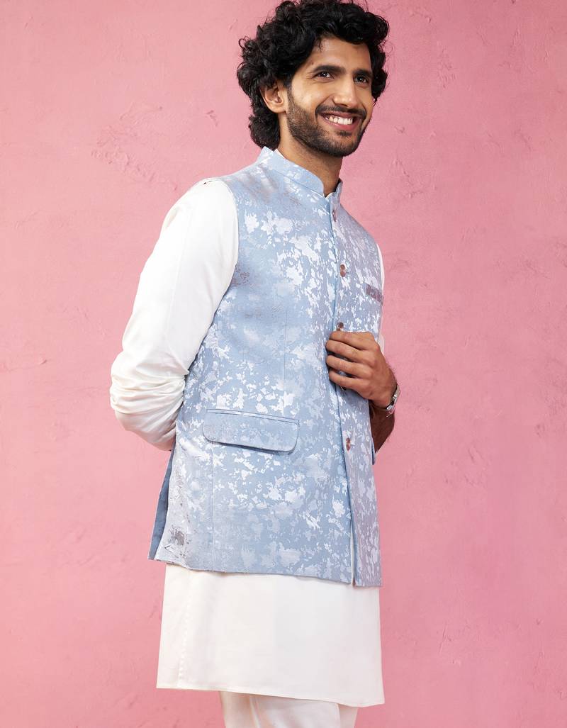 grey monty jacquard nehru jacket - wedding abstract pattern ethnic wear