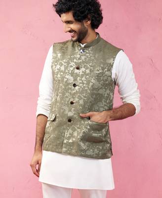 mehendi green monty jacquard nehru jacket - wedding abstract ethnic wear 1