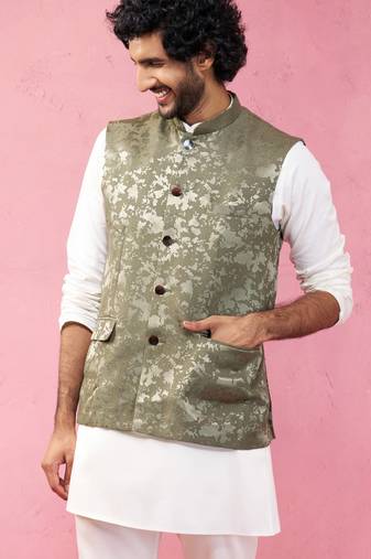 mehendi green monty jacquard nehru jacket - wedding abstract ethnic wear