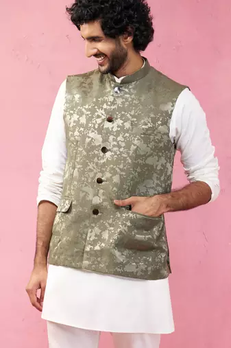 mehendi green monty jacquard nehru jacket - wedding abstract ethnic wear