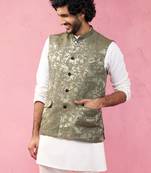 mehendi green monty jacquard nehru jacket - wedding abstract ethnic wear