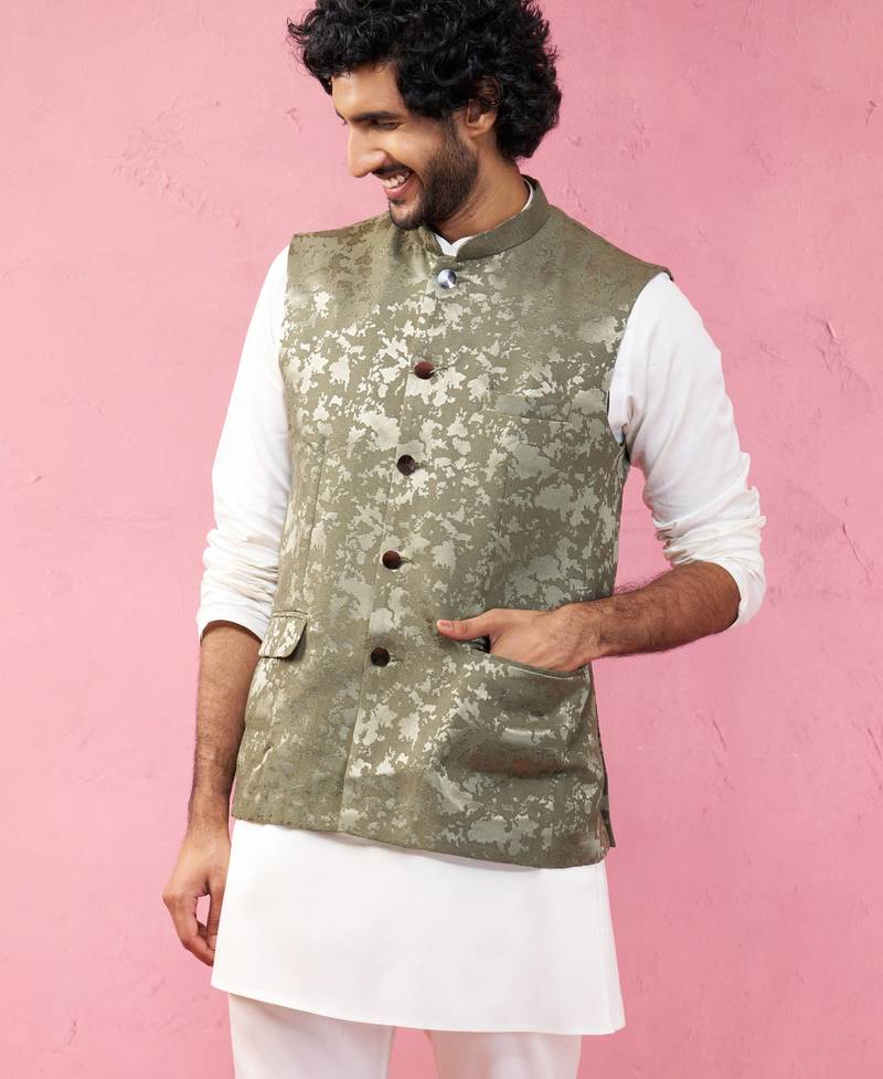 mehendi green monty jacquard nehru jacket - wedding abstract ethnic wear