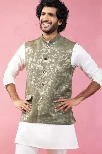 mehendi green monty jacquard nehru jacket - wedding abstract ethnic wear
